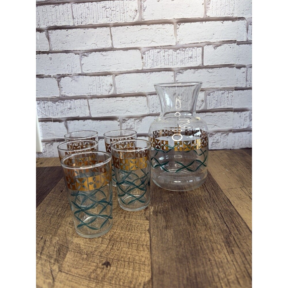 Vintage Federal Glass Juice Set W/Carafe And 5 glasses Homestead design Mint
